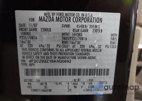 2008 Mazda Tribute I Sport from USA, damaged, VIN 4F2CZ92Z18KM20692